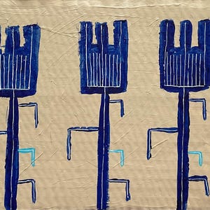 Flores de garfo Obra de arte contemporânea original Pintura de flores azuis Arte de linha Simplicidade Minimalismo Papelão reciclado 19*25 cm Artista autista