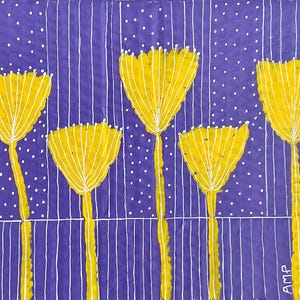 Flores amarillas sobre lilas Obra de arte contemporánea original de Anna Margaretha Pettersson Acrílico sobre cartón 19*22,5 cm Arte floral Sencillez