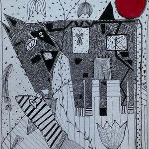 Luna roja. Obra contemporánea original de Anna Margaretha Pettersson. Acrílico y tinta sobre cartón reciclado. 21,5 x 26 cm.