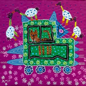 Safari Obra de arte contemporánea original sobre cartón reciclado 20*20 cm Obra de arte colorida Arte caprichoso Pintura original Acrílico Arte animal