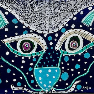 Tigre azul Obra de arte contemporánea original Arte lineal Patrón detallado Colorido Arte mural original Acrílico sobre cartón reciclado 20,5 *27 cm