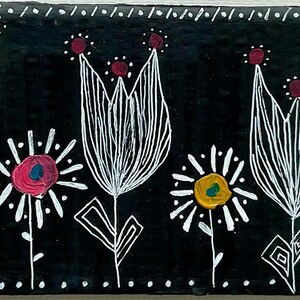 Flores de tinta Obra de arte contemporánea original sobre cartón reciclado 11*22 cm Línea negra Arte caprichoso Artista autista