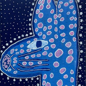 Conejito de puntos azules Obra de arte contemporánea original sobre cartón reciclado Detalles del patrón Arte caprichoso Artista autista