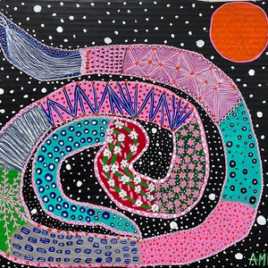 Serpiente Obra de arte contemporánea original Patrón detallado Arte reciclado colorido Animal Arte mural Acrílico sobre cartón reciclado. 36*39,5 cm