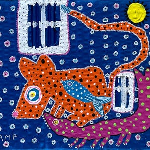 Salgamos a escondidas juntos por la noche Obra de arte contemporánea original Pintura acrílica sobre cartón reciclado Pintura original colorida Caprichosa