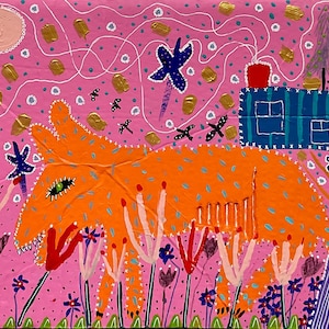 Mundo rosa. Obra contemporánea original de Anna Margaretha Pettersson. Acrílico sobre cartón. 23 x 37,5 cm. Pintura original. Decoración del hogar.
