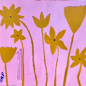 Flores amarillas Obra de arte contemporánea original Acrílico sobre cartón reciclado Pintura original colorida Artista autista Sencillez Arte floral