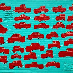 Autos rojos Obra de arte contemporánea original Acrílico sobre cartón reciclado Arte mural colorido Patrón Pintura original Turco Arte neurodivergente