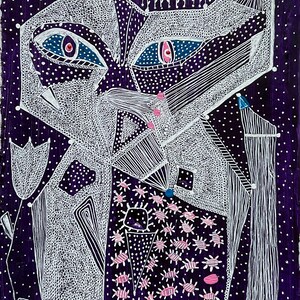 Gato de líneas blancas sobre lila. Obra contemporánea original de Anna Margaretha Pettersson. Acrílico y tinta sobre cartón reciclado. 21 x 30 cm.