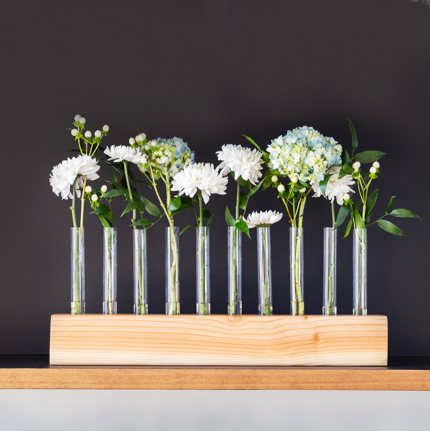 Centerpiece for all parties, flowers, holidays, and tables. Test tube vase with natural wood base. Perfect for tulips, dinner centerpiece...