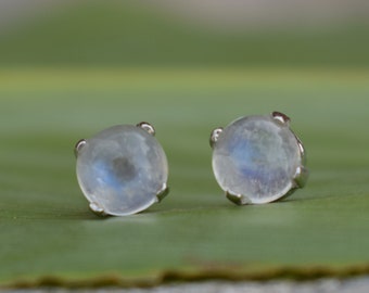 Genuine Natural Rainbow Moonstone Stud Earrings, 925 Sterling Silver Cab Blue Fire Moonstone Earrings, June Birthstone, Bridesmaid Earrings