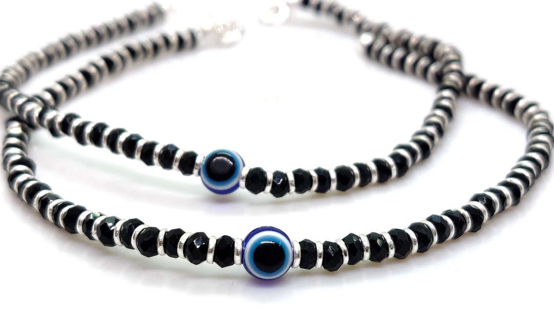 Adjustable Ankle Bracelet Evil Eye Black Beads Silver Anklet 925 Sterling Silver Black Beaded