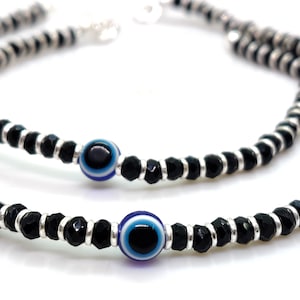 Adjustable Ankle Bracelet - Evil Eye Black Beads Silver Anklet - 925 Sterling Silver Black Beaded Anklet - Evil Eye Protection Silver Anklet