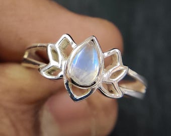 Rainbow Moonstone Lotus Ring, Pear Stone, 925 Solid Sterling Silver