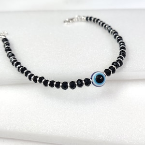 925 Silver Evil Eye Bracelet: Black Bead Amulet Protection Jewelry