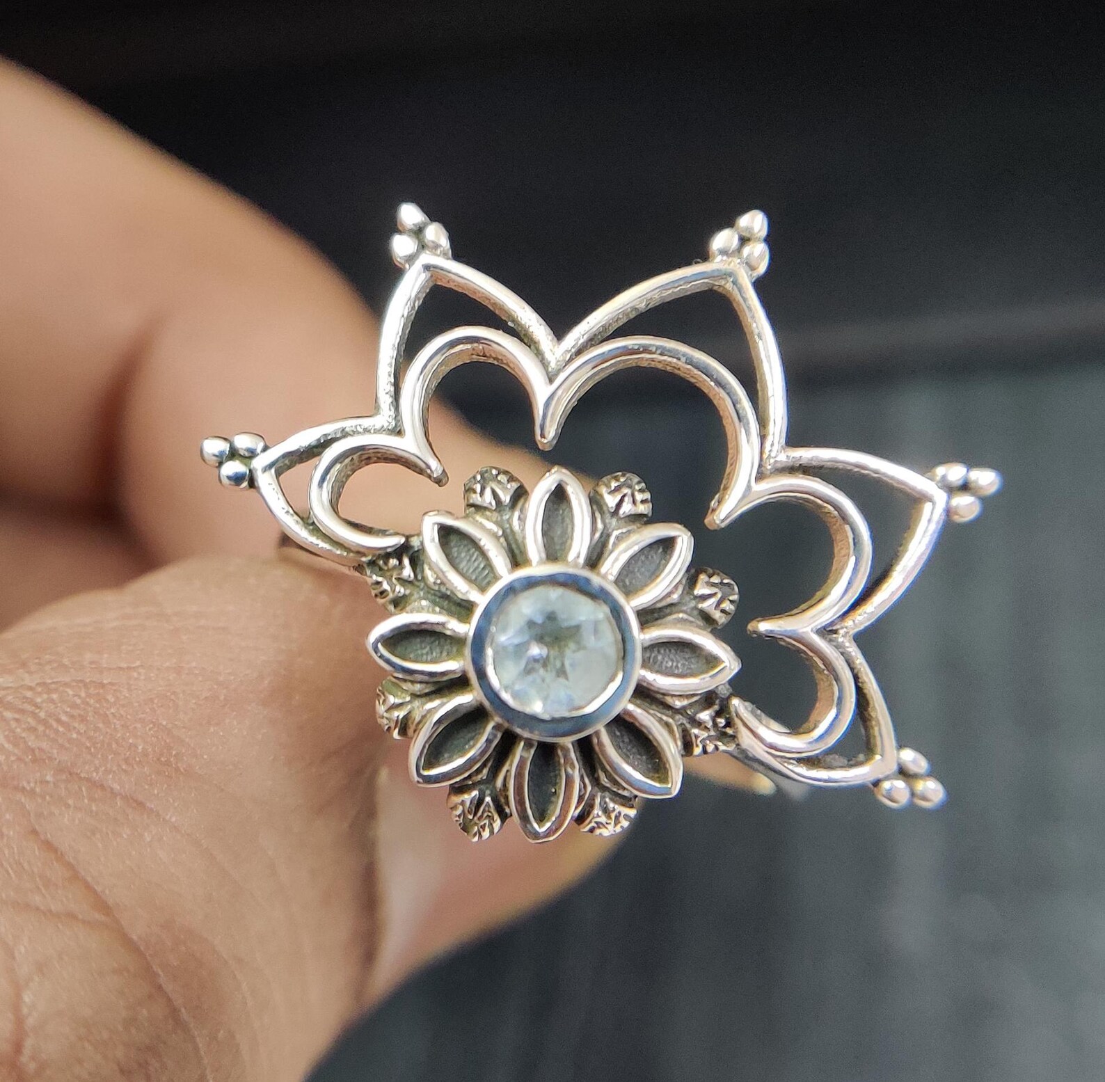 Anillo de flor de topacio azul suizo, plata de ley 925, banda inspirada ...