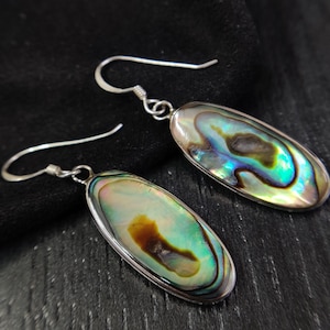 Oval Abalone Shell Earrings: Handmade Sterling Silver Dangle Jewelry
