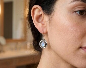 Rainbow Moonstone Earrings: Blue Fire Teardrop Handmade 925 Silver Earrings