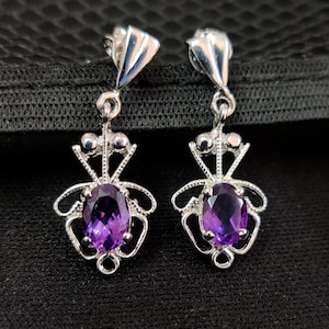 Oval Amethyst Dangle Earrings: Handmade 925 Sterling Silver, February Birthstone