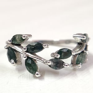 Natural Marquise Cut Moss Agate Wedding Band Ring, 925 Solid Silver Unique Leaf Design Moss Agate Ring Anniversary Ring Bridal Gift For Her