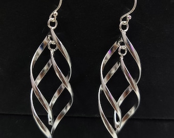 Sterling Silver double Twist Earrings,Dangly Spiral Silver Twirl Earrings,Long Twisted Triple Spiral Dangle Drop Dangly Earrings For Women