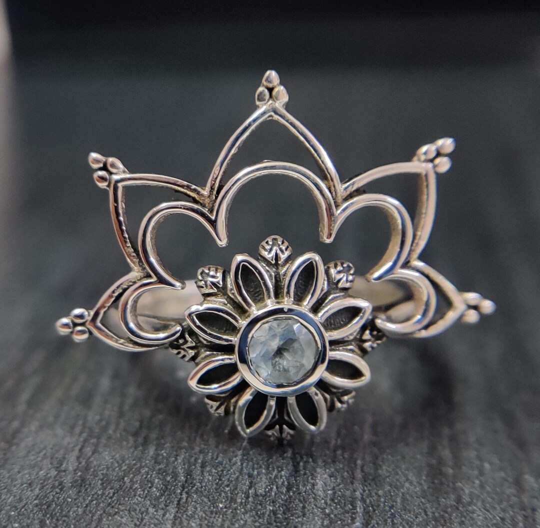 Anillo de flor de topacio azul suizo, plata de ley 925, banda inspirada ...