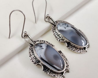 Dendritic Opal Earrings: Oxidized Sterling Silver, Handmade Textured Dangles