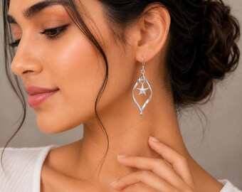925 Sterling Silver Star Spiral Dangle Earrings, Minimalist Drop Jewelry