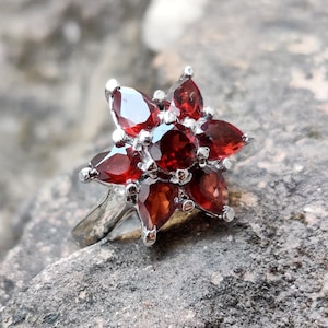 Natural Red Garnet Flower Engagement Ring,925 Sterling Silver Flower Ring, January Birthstone,Mozambique Garnet Cluster Ring, Size 7.75 US