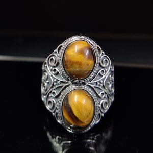 Vintage Golden Tiger&#39;s eye Ornate Sterling Silver design Ring, Solitary Statment Ring,Double Oval Tiger&#39;s eye Ring, Natural Tiger Eye Ring