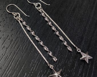 Sterling Silver Star Dangle Earrings: Long Twisted Spiral Drop Earrings