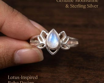 Natural Moonstone Lotus Ring, Rainbow Moonstone Gemstone Ring,925 Sterling Silver Lotus Ring, Lotus Flower Ring, Promise Ring