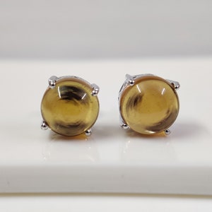 Brincos de quartzo mel natural | Cabochão redondo de prata esterlina 925 | Brincos solitários delicados | Joia artesanal para presentear ela