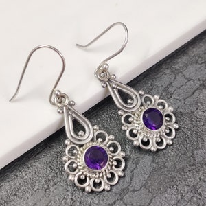 Natural Amethyst Earrings, 5MM Round Cut, 925 Sterling Silver Dangle Earrings, Purple Gemstone Jewelry, Gift for Her, Handmade 22.25 Carat
