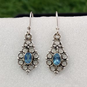 Swiss Blue Topaz Earrings | 3x5mm Oval Cut | 925 Sterling Silver Drop Earrings | Handmade Jewelry Gift for Her | Boho Vintage Style 13.55Cts