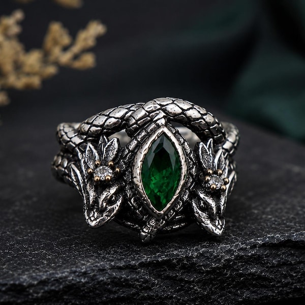 Geoxideerde Barahir-slangenring van sterling zilver, groene marquise fantasie gotische sieraden