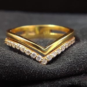 CZ Diamond V Shape Ring, 925 Sterling Silver V Ring, 18K Gold Plated V Ring, Chevron Ring, Curved Ring, Vintage Chevron V Shape Ring For Her