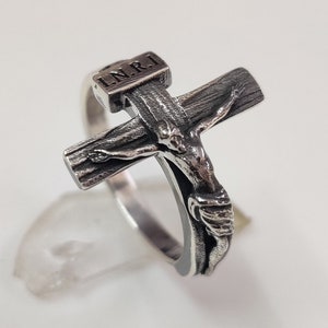 14K Solid Yellow Gold Sideways Crucifix Cross Ring - INRI Jesus Band Unisex
