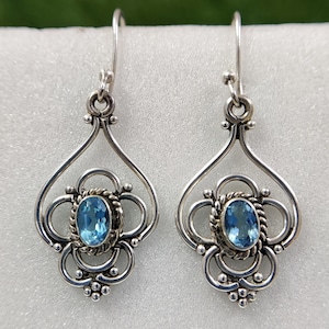 Swiss Blue Topaz Earrings | 925 Sterling Silver | Oval Cut 4x6mm | Handmade Drop Earrings | Gift for Her | Vintage Jewelry  19.40 Carats