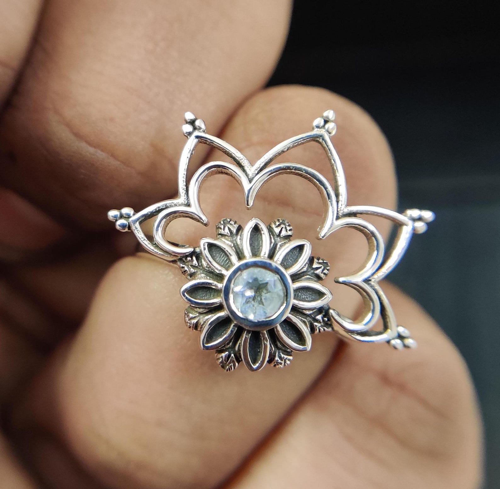Anillo de flor de topacio azul suizo, plata de ley 925, banda inspirada ...