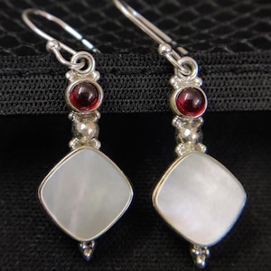 Sterling Silver Pearl Garnet Dangle Earrings: Cushion MOP