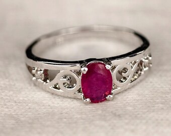 Oval Ruby Sterling Silver Engagement Ring | Diamond Accent