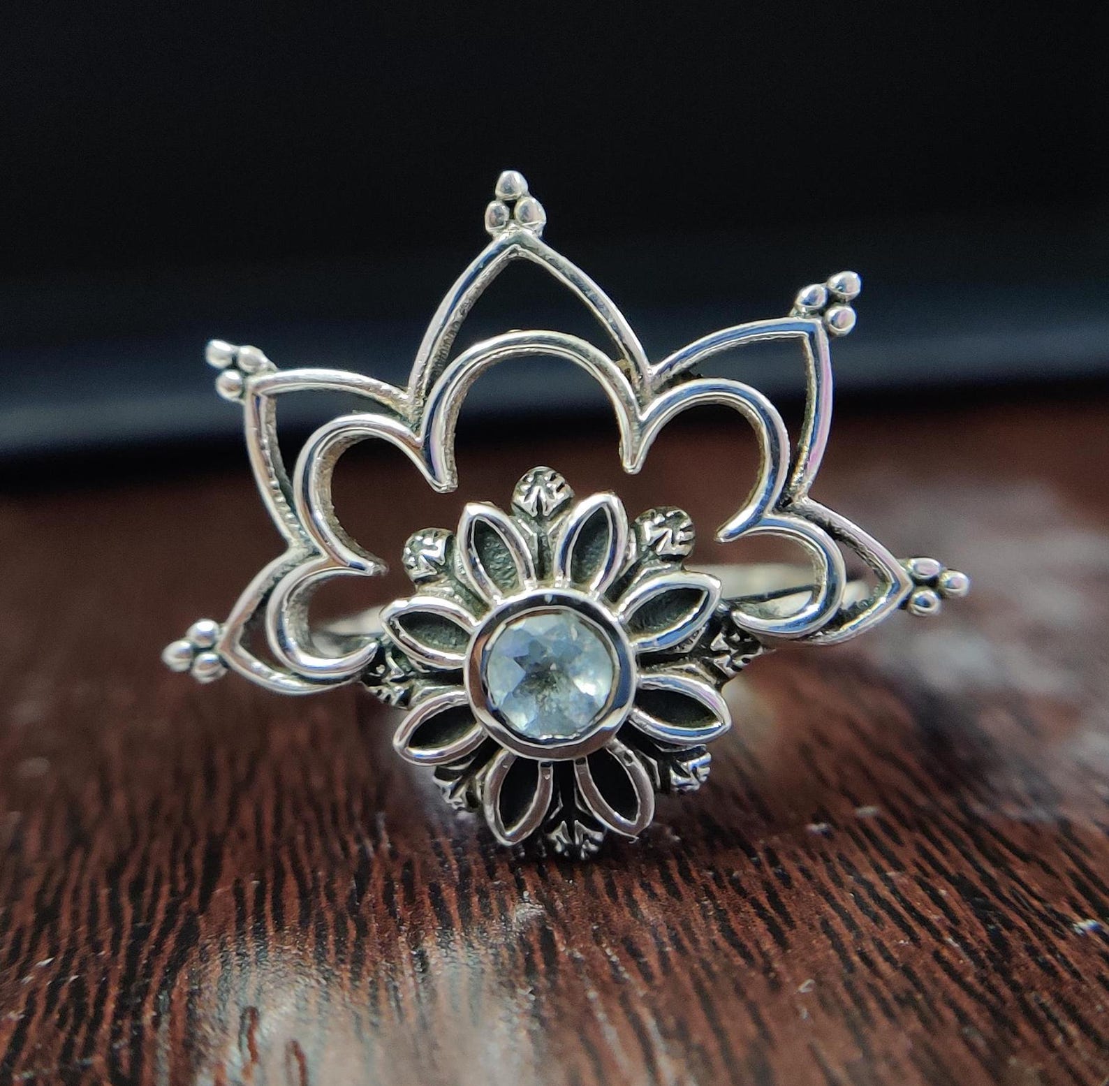 Anillo de flor de topacio azul suizo, plata de ley 925, banda inspirada ...