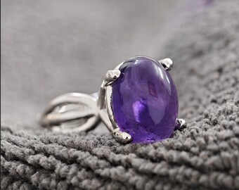 Natural Amethyst Silver Ring | Oval Cabochon | Statement Jewelry for Women