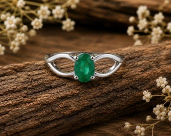 Natural Emerald Oval Cut Ring, 925 Sterling Silver, Elegant Engagement Ring