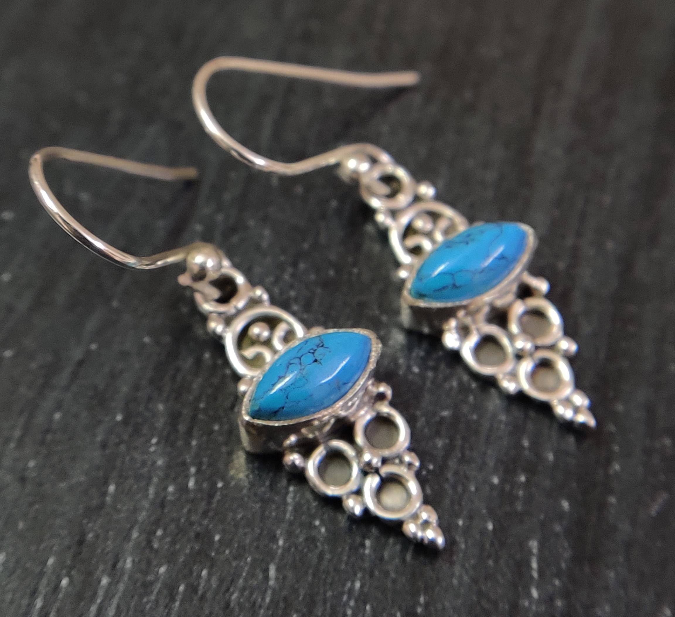 Vintage Turquoise Sterling Silver Earrings: Handmade Dangle Drop Jewelry