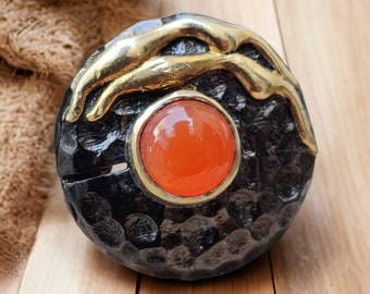 Carnelian Gemstone Ring: Black Rhodium & Gold Plated 925 Sterling Silver