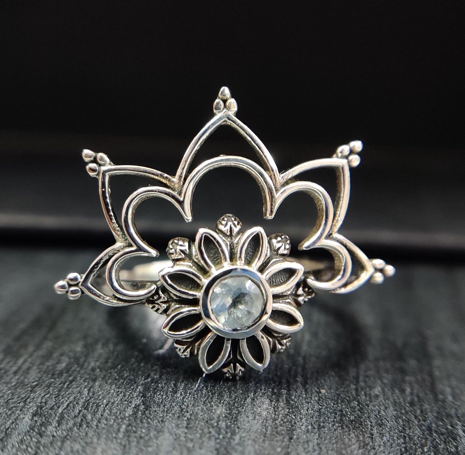 Anillo de flor de topacio azul suizo, plata de ley 925, banda inspirada ...