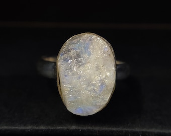 Raw Rainbow Moonstone Ring: Solid Sterling Silver, Handmade Promise Ring