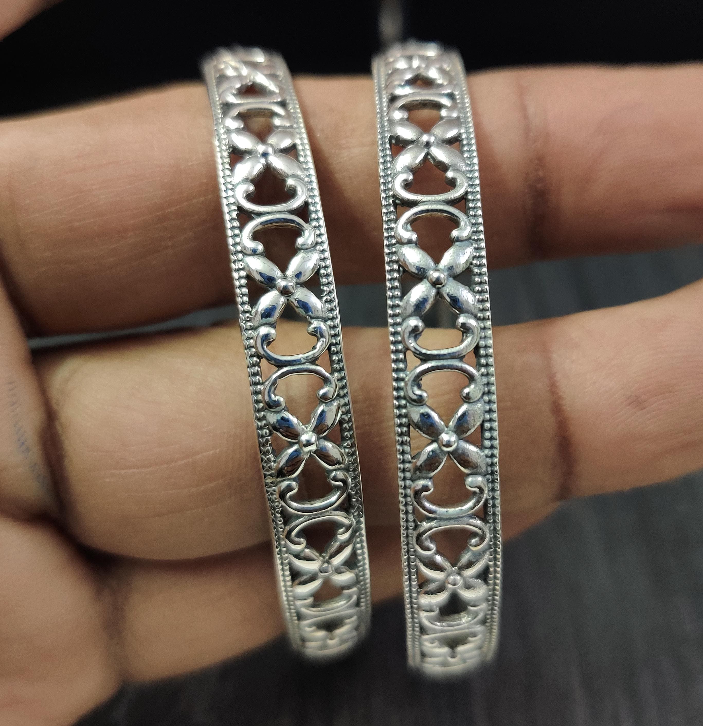 Vintage Sterling Silver Bangle Pair: Oxidized Floral Design